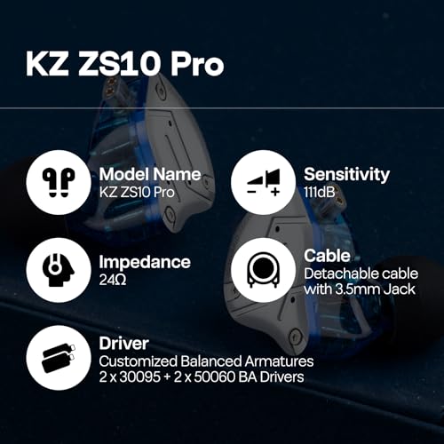 Linsoul KZ ZS10 Pro, 4BA+1DD 5 Driver in Ear Monitor, HiFi Wired Earbuds, Gaming Earbuds, Hybrid IEM Earphones with Stainless Steel Faceplate, Detachable Cable for Musician (with Mic, Blue) - color: Blue, style: With Mic