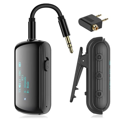 Bluetooth 5.2 Transmitter Receiver for 2 AirPods/Headphones | Flight Bluetooth Adapter for Airplane, TV, Gym with a 3.5mm Audio Jack, Wireless BT Receiver with Mic for Car/Home Stereo - color: Black