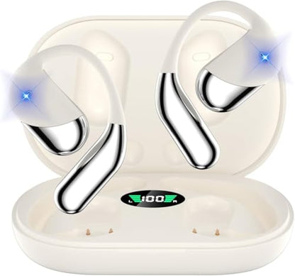 Open Ear Clip Wireless Earbuds Headphones, Bluetooth Built-in Mic, IPX7 Waterproof, LED Display Charging Case,Ear Hooks Ear Buds Ultra Comfort Design for Running/Walking/Cycling/Gym - color: Beige