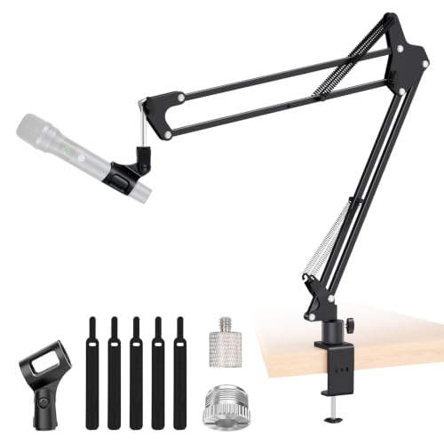Mic Boom Arm, 1/4 3/8 5/8" Low Profile Microphone Stand, Cable Management | 360° Rotatable, Desk Mount Clamp, Heavy Duty Metal Black, Spring Damping, Streaming, Gaming, Recording, Podcasting, Studio