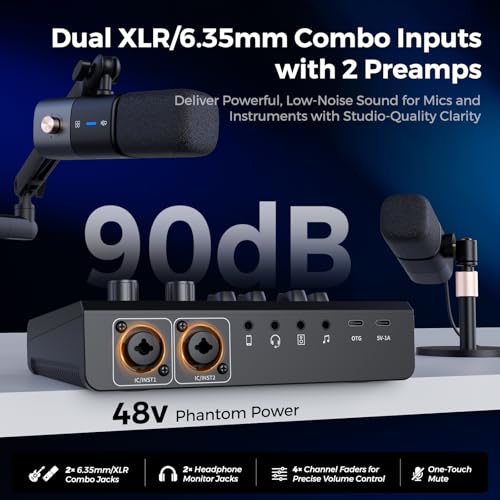 Gaming Audio Mixer & USB Audio Interface with Pro Mic Preamp | Dual XLR/6.35mm Inputs, 48V Phantom Power, RGB, Voice Changer, Sound Pads, Loopback for Podcasting/Streaming & Music