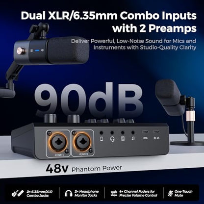 Gaming Audio Mixer & USB Audio Interface with Pro Mic Preamp | Dual XLR/6.35mm Inputs, 48V Phantom Power, RGB, Voice Changer, Sound Pads, Loopback for Podcasting/Streaming & Music