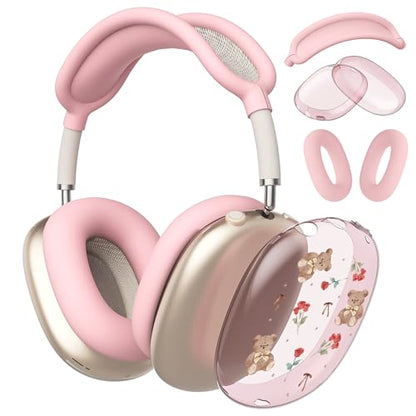 Cute Floral Bears Clear Case for Airpods Max Headphones Lovely Rose Flowers Soft TPU Ear Cups Cover Anti-Scratch Silicone Ear Pad Protective Case 53 Headband Cover for Apple Airpods Max - color: Rose bear 07
