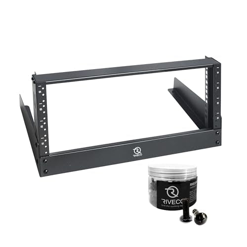 RIVECO 4u Tabletop Rack for Audio & Network, Desktop Rack Shelf Open Frame Sound Recording Shelf Tappered Holes Black 2 Post