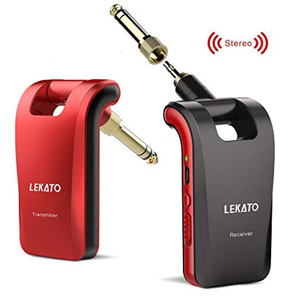 LEKATO 2.4GHz Wireless Guitar System - 6 Channels Rechargeable Wireless Transmitter & Receiver for Guitar & Bass, Stereo & Mono 1/4' & 1/8' 2 in 1 Plugs (Black & Red) - color: red