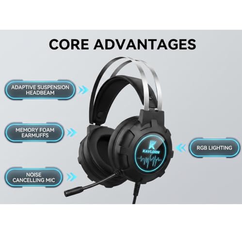 Gaming Headset,Lightweight Gaming Headphone: 7.1 Surround Sound | Self-Adjusting Suspension Headband,50MM Drivers&Noise Canceling Mic,Cool RGB lighting ,One-Key Volume Roller,Wired USB