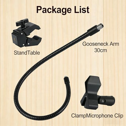 Microphone Holder Gooseneck11.8”/30cm Mic Stand Desk With Adjustable Mic Clip & Super Crab Clamp,Heavy-Duty Desk Mount, for Podcasting, Streaming, Podium & Public Speaking.Flexible Gooseneck Mic Mount
