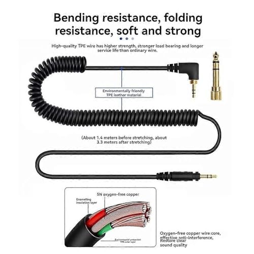 EAH-DJ1200 Cable, Replacement Spring Coiled Audio Cable with 6.35mm Gold-Plated Connection Adapter for Technics EAH-DJ1200 Headphones (11.5ft/350cm)