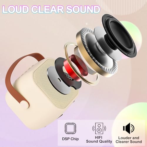 Karaoke Machine for Kids Adults, Mini Portable Bluetooth Karaoke Speaker with 2 Wireless Microphone and Lights,Toys for All Smartphones,Birthday, Family,Home Party Beige