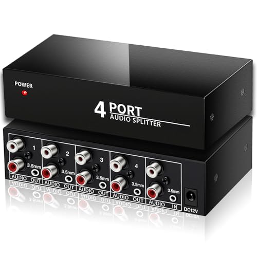 3.5mm Aux RCA L/R Audio Splitter 1 in 4 Out Audio Distributor Box | Share One 3.5mm or RCA Stereo Analog Audio Source with up to Four Powered Speakers, Subwoofers, Amplifiers, Receivers