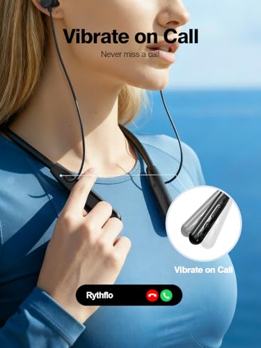 Rythflo Neckband Bluetooth Headphones, ENC IPX7 Sweatproof Sport Earbuds with AI-Enhanced Mic Vibration Call Alert, 50H Playtime Deep Bass Wireless Waterproof Earphones for Work Running Workout Gym | AI-Enhanced ENC Mic, IPX7 Waterproof, Deep Bass Sound,