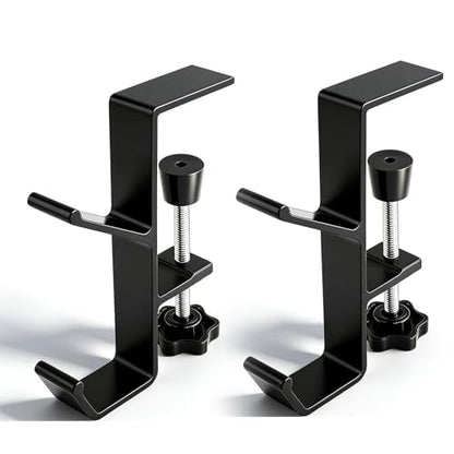 2 Pcs Headphone Holder for Desk, Double Hook Desk Hook, Bag Holder with Clamp for Table Desk Under Counter, Black - color: Black