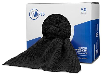 Black Microfiber Shop Towels | MWipes Reusable Shop Rags | 50 Rags in a Box | Super Absorbent, Machine Washable Hundreds of Times | Automotive, Paint, Industrial, Detailing - color: Black