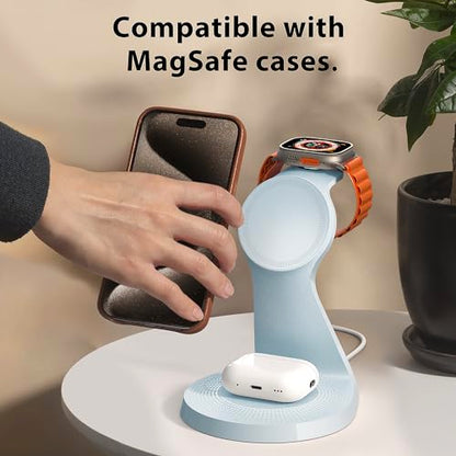 3 in 1 Charging Station for Apple Devices,Mag-Safe Charger Stand Fast Charging,Wireless Charger for iPhone 16/15/14/13/12 Series,& AirPods,& iWatch(USB Charger Included) - color: Light Blue