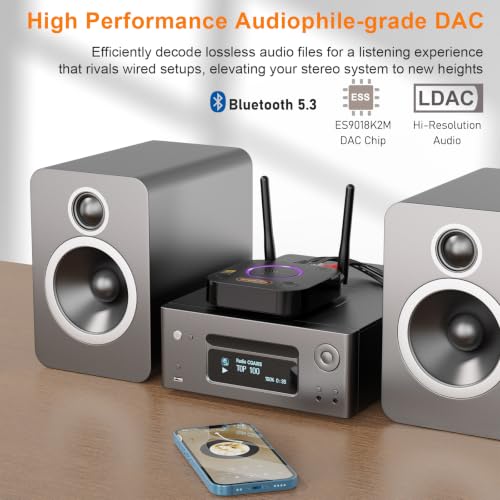 1Mii B06Ultra Bluetooth 5.3 Receiver with LDAC for Hi-Res Wireless Audio, HiFi Bluetooth Audio Adapter w/Audiophile DAC, 3D Surround aptX HD Low Latency, Optical AUX 3.5mm Coaxial for Home Stereo - color: B06Ultra Black