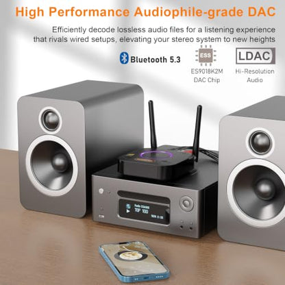 1Mii B06Ultra Bluetooth 5.3 Receiver with LDAC for Hi-Res Wireless Audio, HiFi Bluetooth Audio Adapter w/Audiophile DAC, 3D Surround aptX HD Low Latency, Optical AUX 3.5mm Coaxial for Home Stereo - color: B06Ultra Black