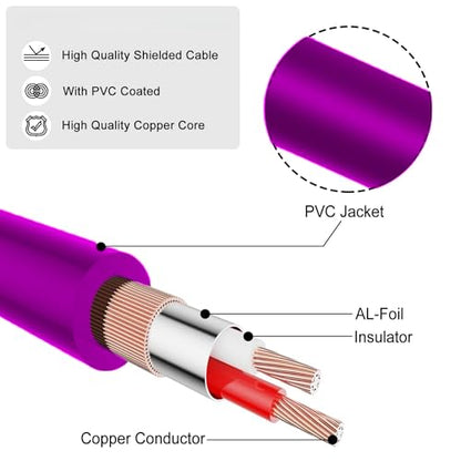 1/4 Inch TRS Instrument Cable 1ft 2-Pack, Purple OFC 24K Gold-Plated Patch Cable, Balanced Stereo for Guitar Bass Keyboard Mixer Pedalboard, for Fender Marshall Yamaha Roland Boss