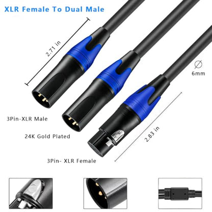 (11.8 Inches / 2 Pack) XLR Splitter Cable, 1 Xlr Female to 2 Xlr Male Patch Y Cable, Balanced Microphone Splitter Cord Audio Adaptor - size: 0.98 ft, 2-Pack