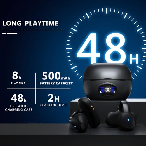 IHAO Clip Ear Sport Earbud Headphones Bluetooth 5.3 Open Earpiece, Clip On Ear Never Fall Out 80 Hours Playtime with Charging Case, HiFi Sound Noise Reduction Painless Firm Wear IPX4 Waterproof-Black