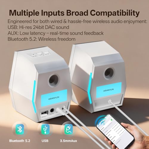 Sanyun SW209 36W 2.0 Gaming Speakers, Tactical Audio Map with 3 DSP Modes | Game/Movie/Music, 24bit DAC, USB-C/Bluetooth 5.2/AUX, 2.75" Glass Fiber Drivers & 18mm Silk Dome, RGB Lighting (Pair, White) - color: SW209 White