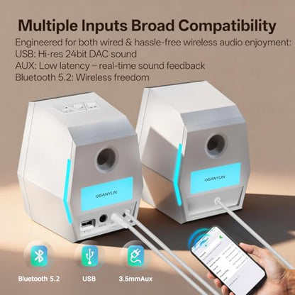 Sanyun SW209 36W 2.0 Gaming Speakers, Tactical Audio Map with 3 DSP Modes | Game/Movie/Music, 24bit DAC, USB-C/Bluetooth 5.2/AUX, 2.75" Glass Fiber Drivers & 18mm Silk Dome, RGB Lighting (Pair, White) - color: SW209 White