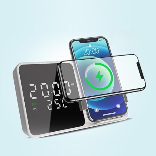 IHAO Multifunctional Alarm Clock with Wireless Charging for Phone 15W Fast Charger Large LED Display Temperature Phone Bracket for Bedside & Desk-W5 White - color: Wireless Charger Alarm Clock W5 White