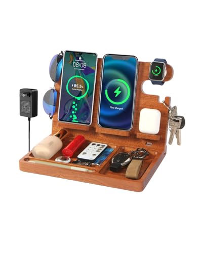 Nightstand Organizer with 4 Wireless Charger for 2 iPhone/Android Phone,Apple Watch,Airpod,Wood Phone Docking Station,27W Fast Wireless Charging Station,Wallet/Key Holder,Gift for Men Dad