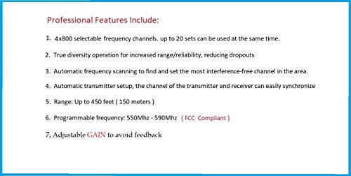 GTDaudio 4x800 Channels UHF Diversity Wireless Microphone System | Cordless Lavalier/Lapel/Headset, 400fts Range, 4 Body Packs