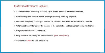 GTDaudio 4x800 Channels UHF Diversity Wireless Microphone System | Cordless Lavalier/Lapel/Headset, 400fts Range, 4 Body Packs