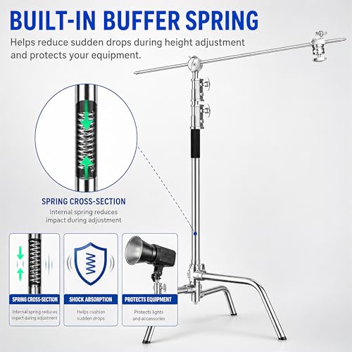 C Stand with Boom Arm, 6.9ft/210cm, 88cm Extension Arm | Heavy Duty Stainless Steel, Turtle Base, 2 Grip Heads, Buffer Spring, For Softbox, Reflector, Strobe - size: 210cm 1 Pack