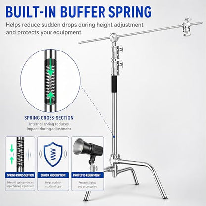 C Stand with Boom Arm, 6.9ft/210cm, 88cm Extension Arm | Heavy Duty Stainless Steel, Turtle Base, 2 Grip Heads, Buffer Spring, For Softbox, Reflector, Strobe - size: 210cm 1 Pack