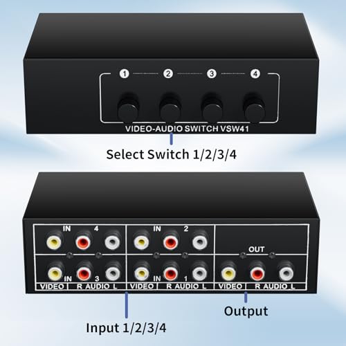 RCA Switch 4 in 1 Out for Wii PS2 Xbox DVD | 4X1 Composite Video L/R Audio Selector Box RCA Switcher Plug & Play - style: 4 in 1 out