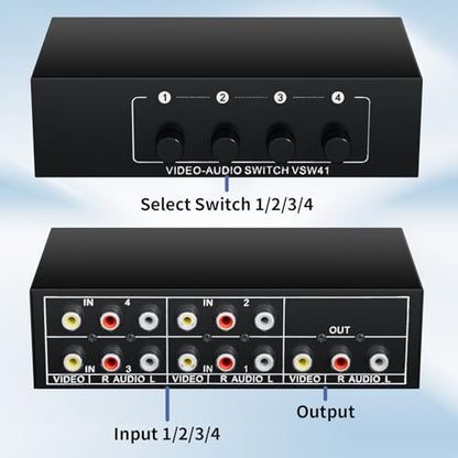 RCA Switch 4 in 1 Out for Wii PS2 Xbox DVD | 4X1 Composite Video L/R Audio Selector Box RCA Switcher Plug & Play - style: 4 in 1 out