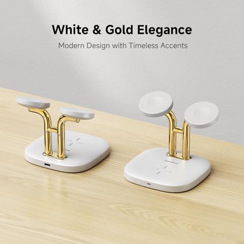 3 in 1 Dual Watch Wireless Charger Stand for Apple Watch Ultra/11 & AirPods | Dual magnetic watch charging, 5W Fast watch charge, Ergonomic design, Chrome plated plastic stand, Multi safety guard, 704A - color: White & Gold