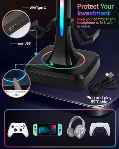 Controller Headset Stand for PS5, Xbox, Switch | 10 RGB light modes,Universal compatibility,360° rotatable headphone holder,Stable,Scratch protection,Easy assemble,Gamer gift