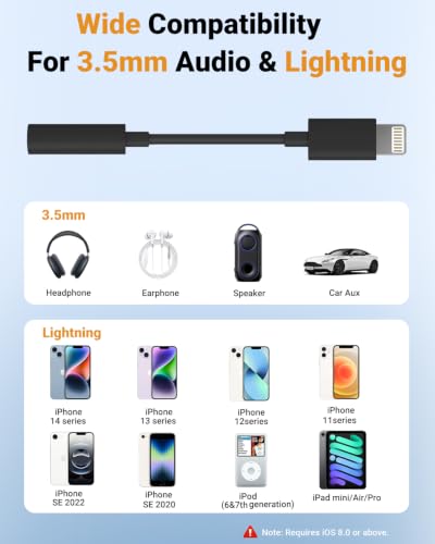 Lightning to 3.5mm Headphone Jack Adapter [Apple MFi Certified] Hi-Fi Stereo Sound, Full Function Control, Compatible with iPhone 14/13/12/11/X/8 & More – for Music, Calls & Car AUX Black 1Pack - color: Black