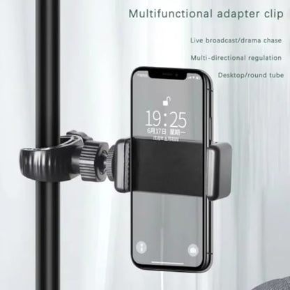 Multifunctional Adapter Clip Phone Holder 360° Rotation Adjustable Clamp Spiral Clamping for All 5-6 inch Smartphone Live Mount (Black) - color: BLACK