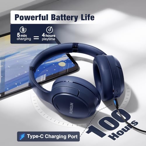 RUNOLIM Hybrid Active Noise Cancelling Headphones, 100H Playtime, Built-in Microphone, Bluetooth Wireless Over Ear Foldable Headphones with HiFi Audio, Home Travel Office - color: Blue