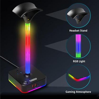 RGB Headphone Stand with Charger 3 USB Ports and 2 AC Outlets,2 USB-A 1 Type C,Desk Gaming Headset Holder with 9 Light Modes,PC Gaming Desk Accessories,Gamer Gifts,RGB Gaming Stuff Headset Stand | 9 Light Modes:7 Static & 3 RGB Dynamic Lights; 2 AC,2 USB-