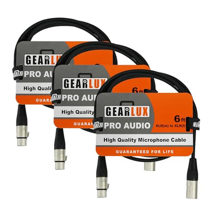 Gearlux XLR Microphone Cable, Fully Balanced, Male to Female, 6 Feet - 3 Pack - size: 6 Ft, style: 3 Pack