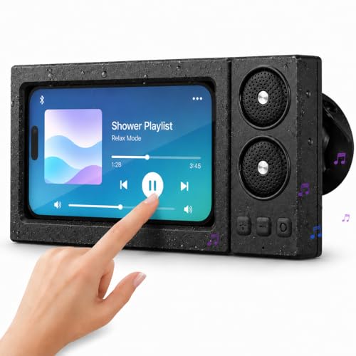 Waterproof Shower Phone Holder with Bluetooth Speaker, Wall Mount Phone Case for Bathroom, Dual Built-in Speakers, Touch Sensitive, Fog Resistant, Fits 4.7 to 7.0 Inch Phones (Black) - color: Black
