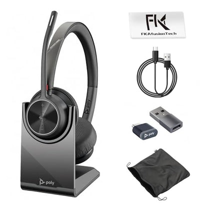 Poly Voyager 4320 UC Wireless Headset & Charge Stand - Connects to PC/Mac/Mobile Phone via Bluetooth with USB-C to A Adapter & USB C Dongle & USB A-C Cable & Storage Bag and Fiber Cloth