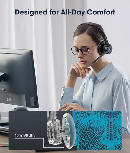 Bluetooth Headset with AI Noise Cancelling Microphone, V5.3 Wireless Headphones with USB Dongle, Charging Station, Microphone Mute Switch, Wireless Headsets for Work