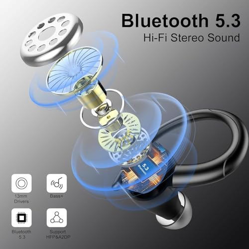 Wireless Earbuds Bluetooth 5.3 Headphones Sports, Bluetooth Earbuds with ENC Mic, Stereo Bass Over Ear Bud with Earhooks, LED Display, IP7 Waterproof Earphon for Workout