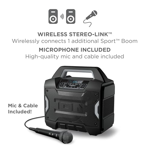 ION Sport Boom 60W Portable Bluetooth Outdoor Speaker | Water Resistant, Radio, Karaoke Mic, USB Charging, Stereo Linking, Bass Boost and App Control, for Parties and Outdoor Events - style: Sport Boom