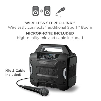 ION Sport Boom 60W Portable Bluetooth Outdoor Speaker | Water Resistant, Radio, Karaoke Mic, USB Charging, Stereo Linking, Bass Boost and App Control, for Parties and Outdoor Events - style: Sport Boom
