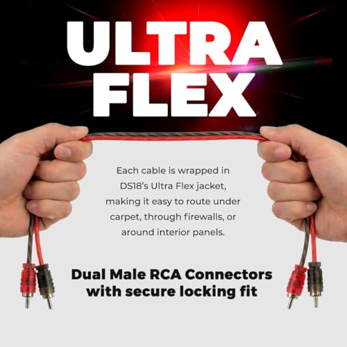 DS18 1FT Ultra Flex RCA Cable 10-Pack – 100% OFC Oxygen Free Copper Dual Male RCA Audio Cable for Car Audio Amplifiers, Subwoofers & Stereo Systems – Flexible Noise-Free Signal Interconnect