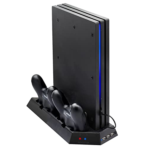 FASTSNAIL Vertical Stand with Cooling Fan & Controller Charger for PS4 Pro | Controller Charging Station for Playstation 4 Pro, Charger for DualShock 2 Controller, LED Indicator, for PS4 Pro Accessories