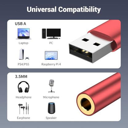 USB to Aux External Sound Card,USB to 3.5mm Jack Audio Adapter for PS4/PS5 | Aux to USB,USB to 3.5mm TRRS Female Headset for PS4/PS5/Headphone/Mac/Linux/Laptop/Desktops/Docking Station(Red)