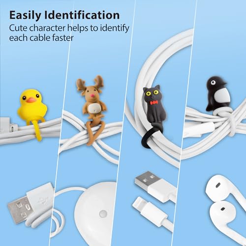 BONE Style Q Cord Ties (4 Packs), Cute Cartoon Animal Wire Management & Cord Organizer, Reusable & Washable Silicone Cable Strap (Patti Duck - Miao Cat - Mr. Deer - Maru Penguin)